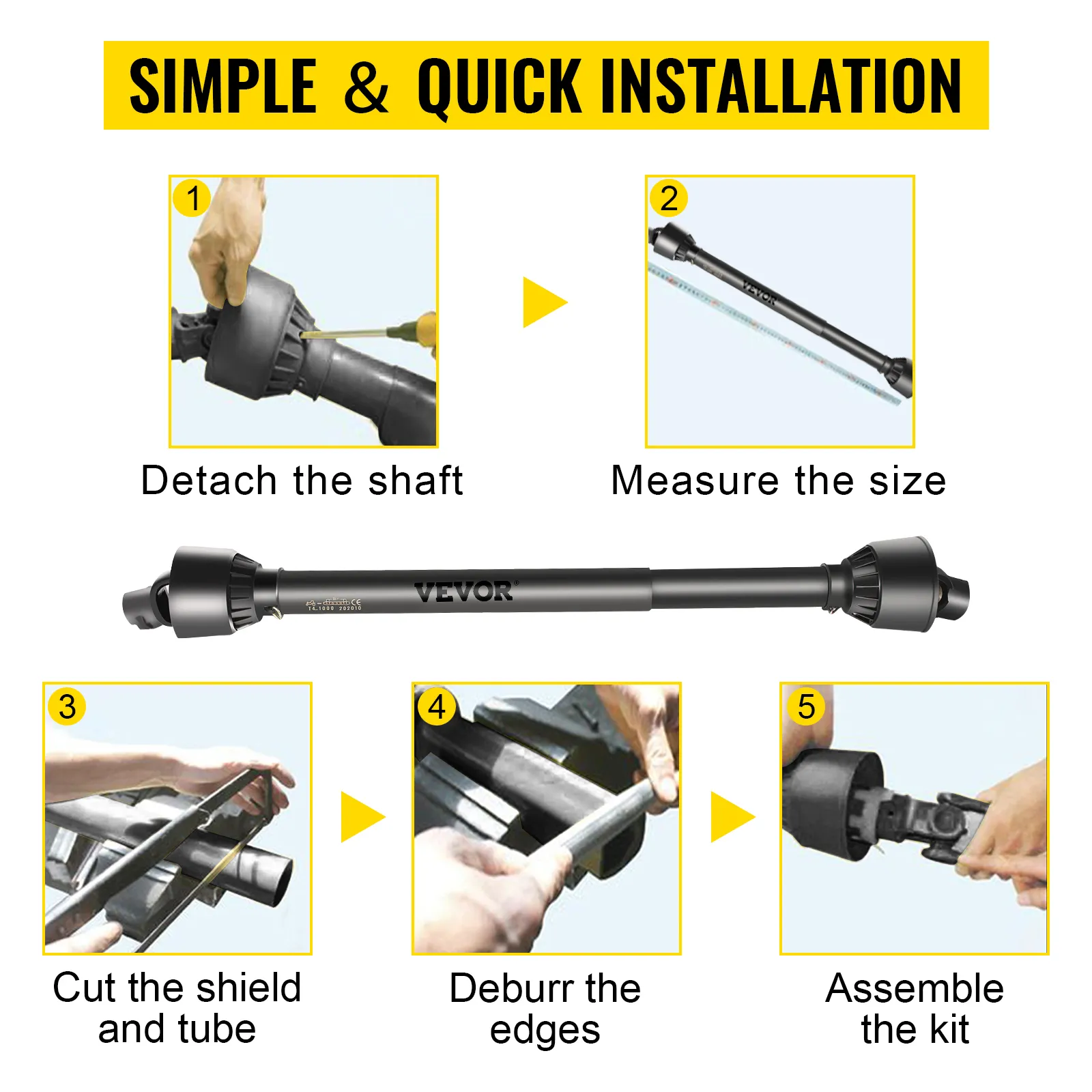 VEVOR pto shaft installation guide: detach, measure, cut, deburr, assemble. simple & quick.