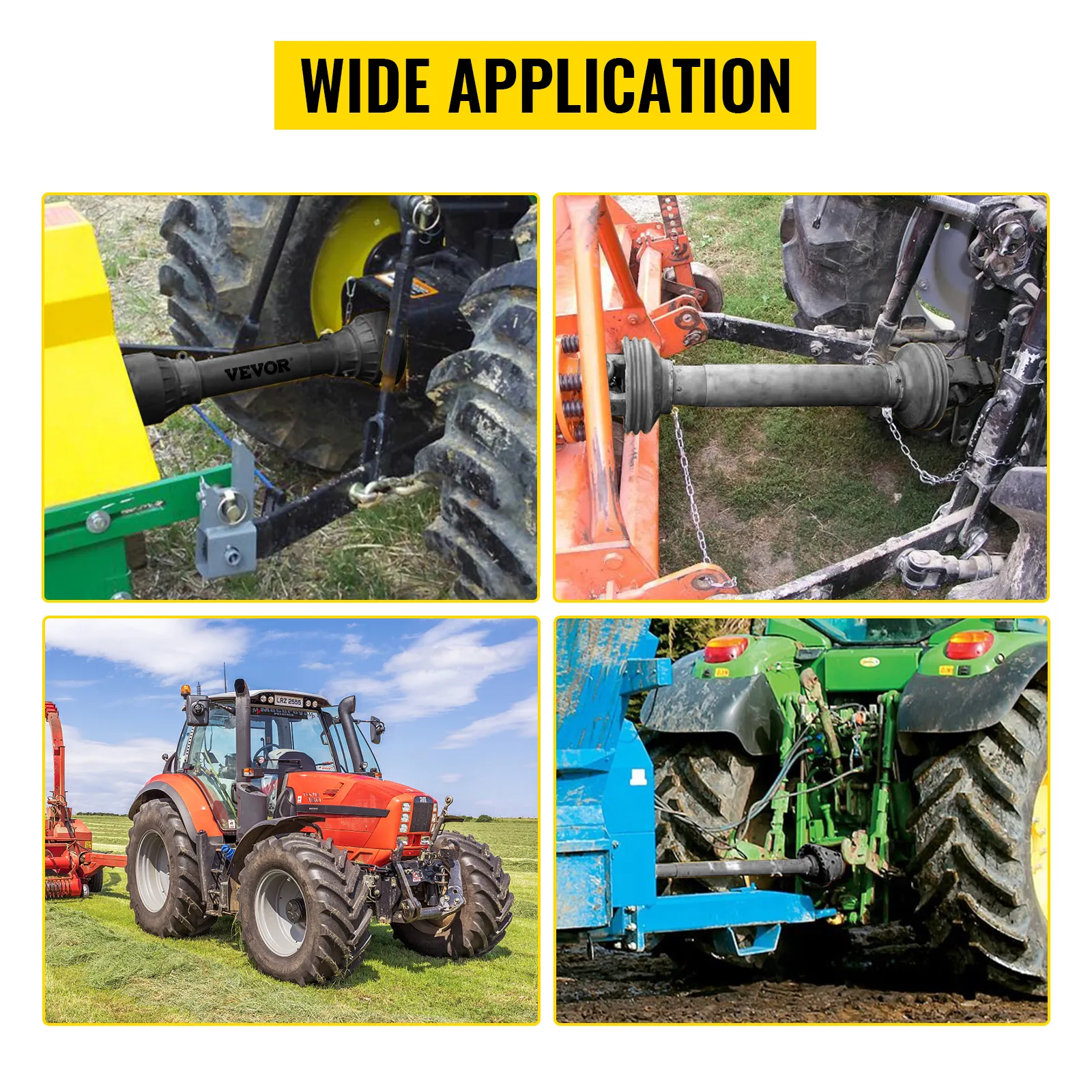 VEVOR pto shaft in various tractors showing wide agricultural applications.