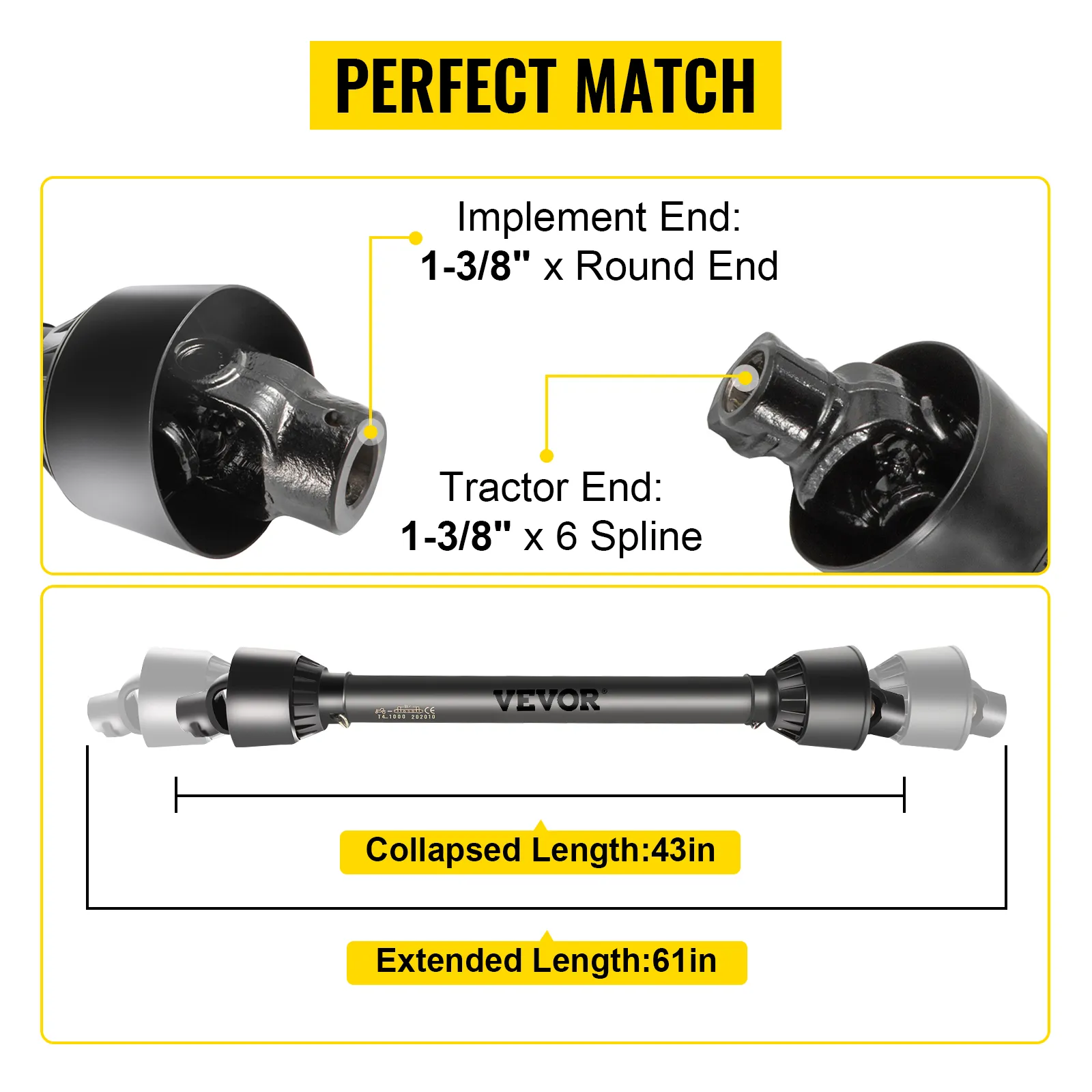 VEVOR pto shaft with 1-3/8" round and 6 spline ends, adjustable 43-61 inches.