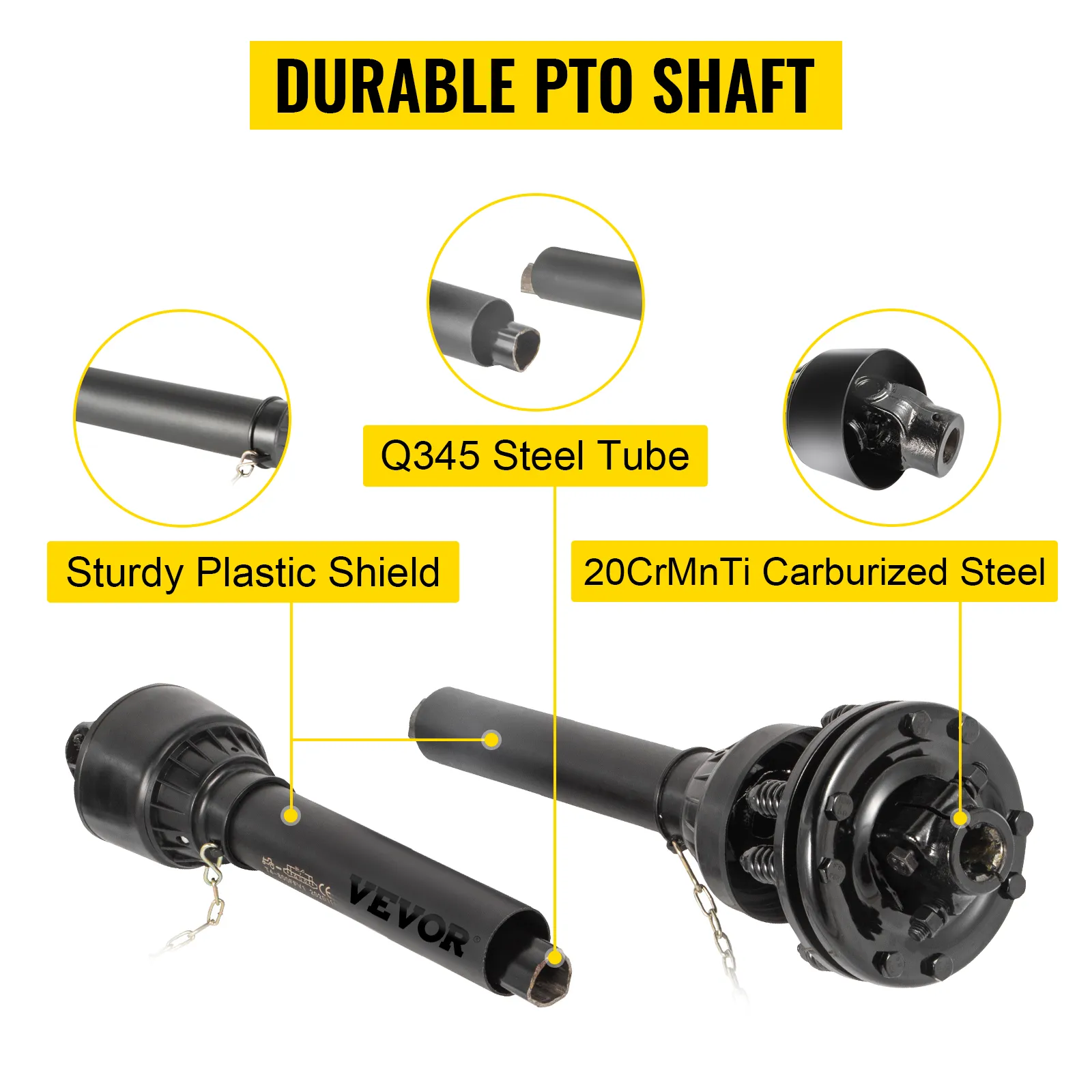 VEVOR pto shaft with q345 steel tube, 20crmnti steel, and sturdy plastic shield.