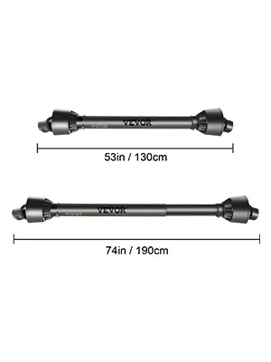 two VEVOR pto shaft models: 53in/130cm and 74in/190cm variants displayed.