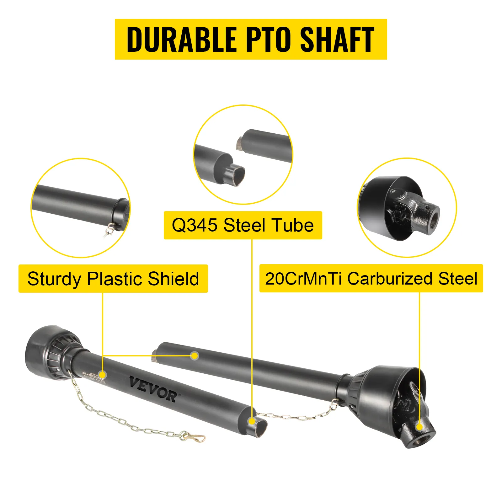 VEVOR pto shaft features q345 steel tube, 20crmnti steel, and sturdy plastic shield.