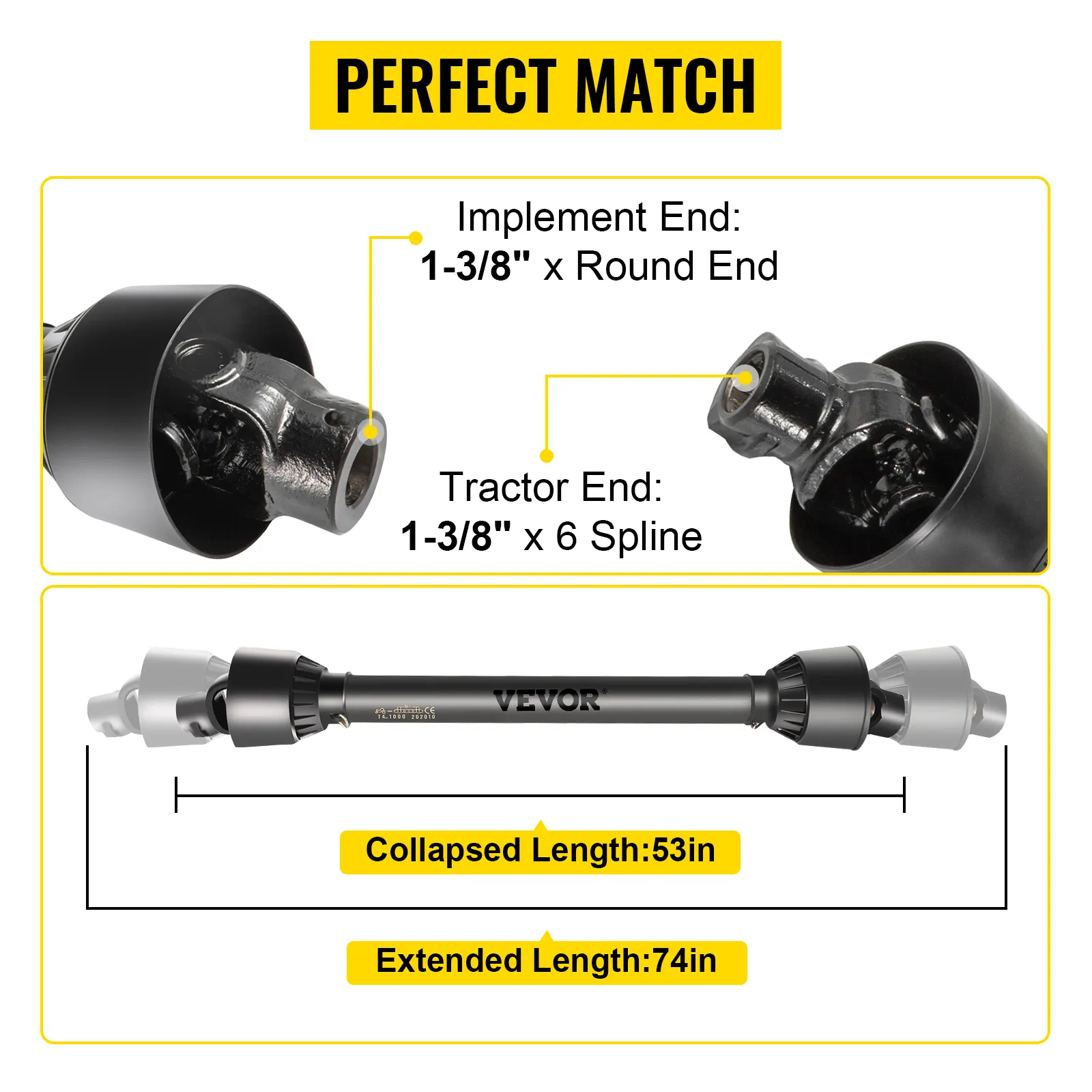 VEVOR pto shaft with 1-3/8" implement and tractor ends, 53-74 inch length.