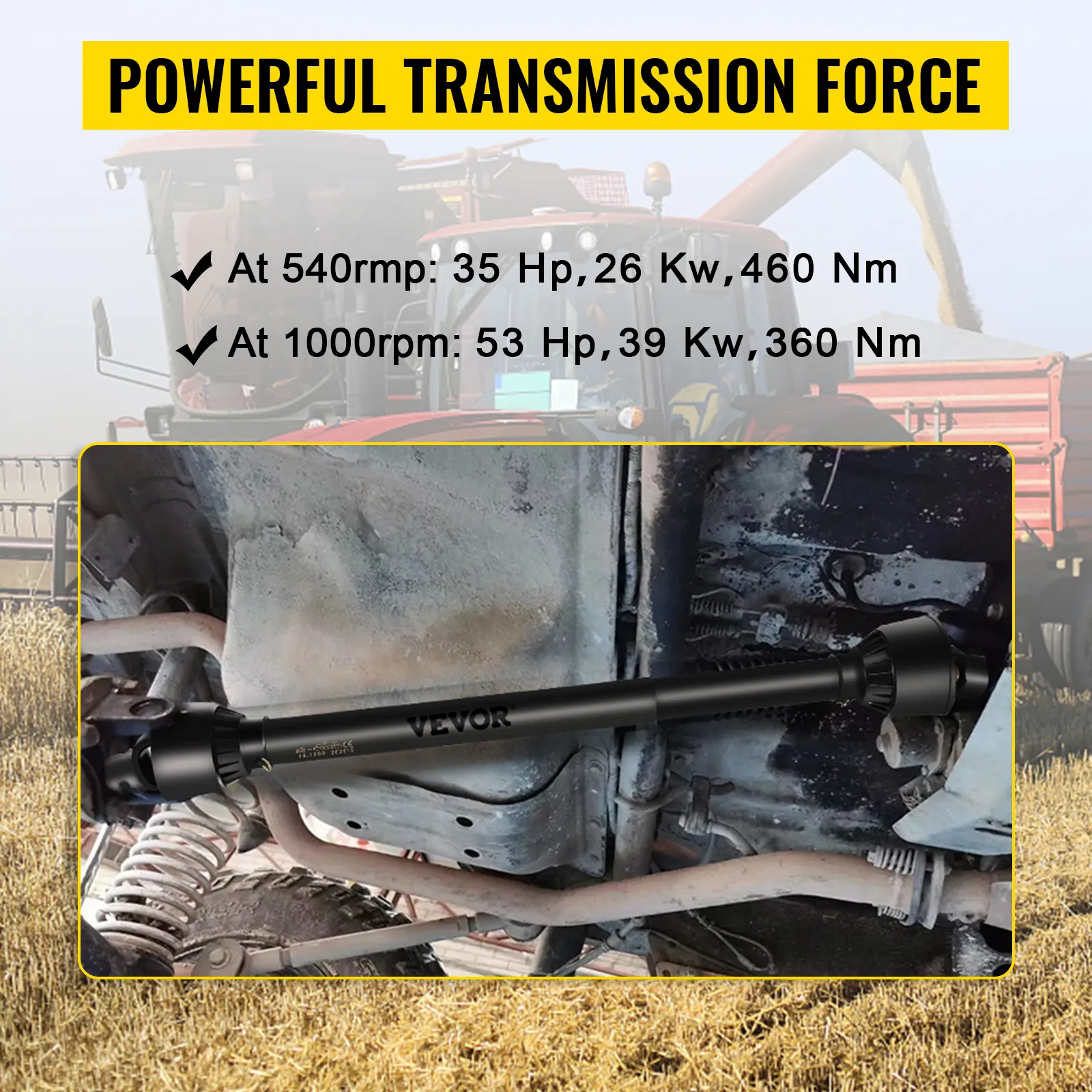 VEVOR pto shaft with specifications for powerful transmission force in farming equipment.