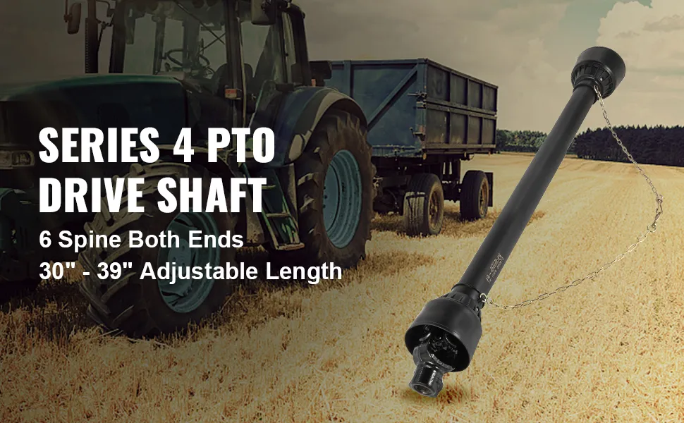 Tractor con eje de toma de fuerza VEVOR y remolque en un campo de trigo. Se muestra el eje de transmisión de la toma de fuerza de la serie 4.