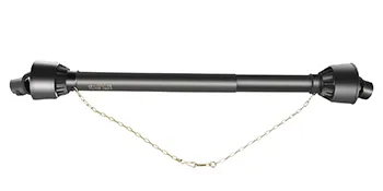 Eje de toma de fuerza VEVOR con cadena de seguridad y cubiertas protectoras en ambos extremos.