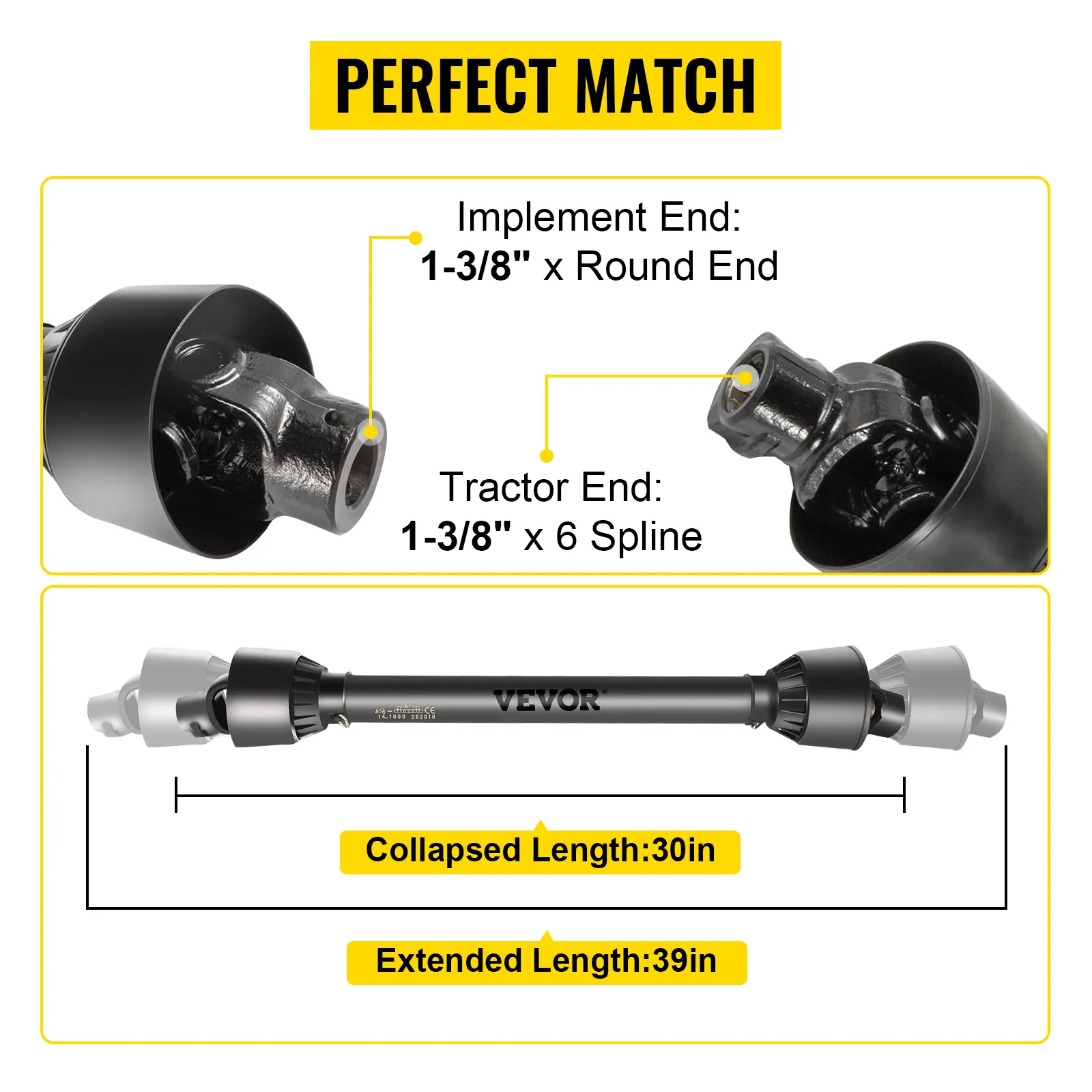 Especificaciones del eje de toma de fuerza VEVOR, que muestran el extremo del implemento, el extremo del tractor y las opciones de longitud.