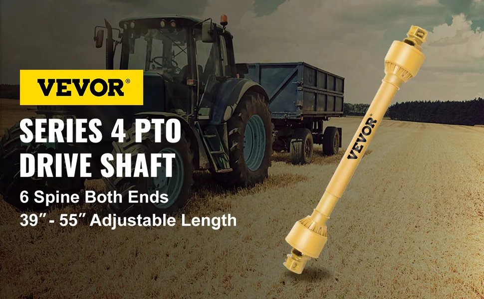 Eje de toma de fuerza VEVOR mostrado con un tractor en un campo, 6 ejes, ajustable de 39" a 55".