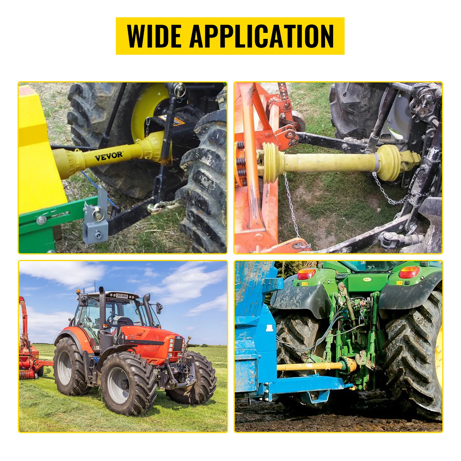 Amplia aplicación del eje de toma de fuerza VEVOR con varios tractores en uso.