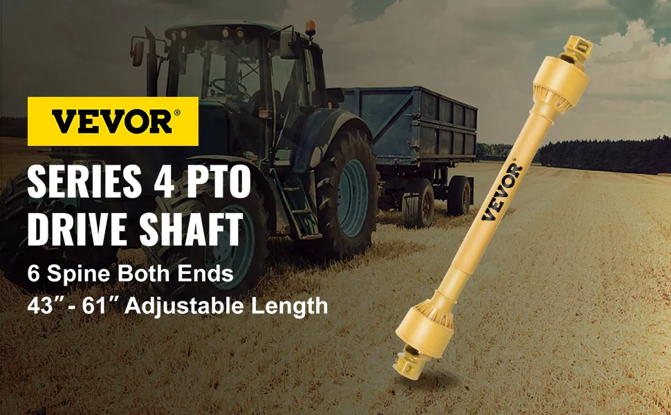 Wał odbioru mocy VEVOR z regulowaną długością, montowany z przodu ciągnika na polu.