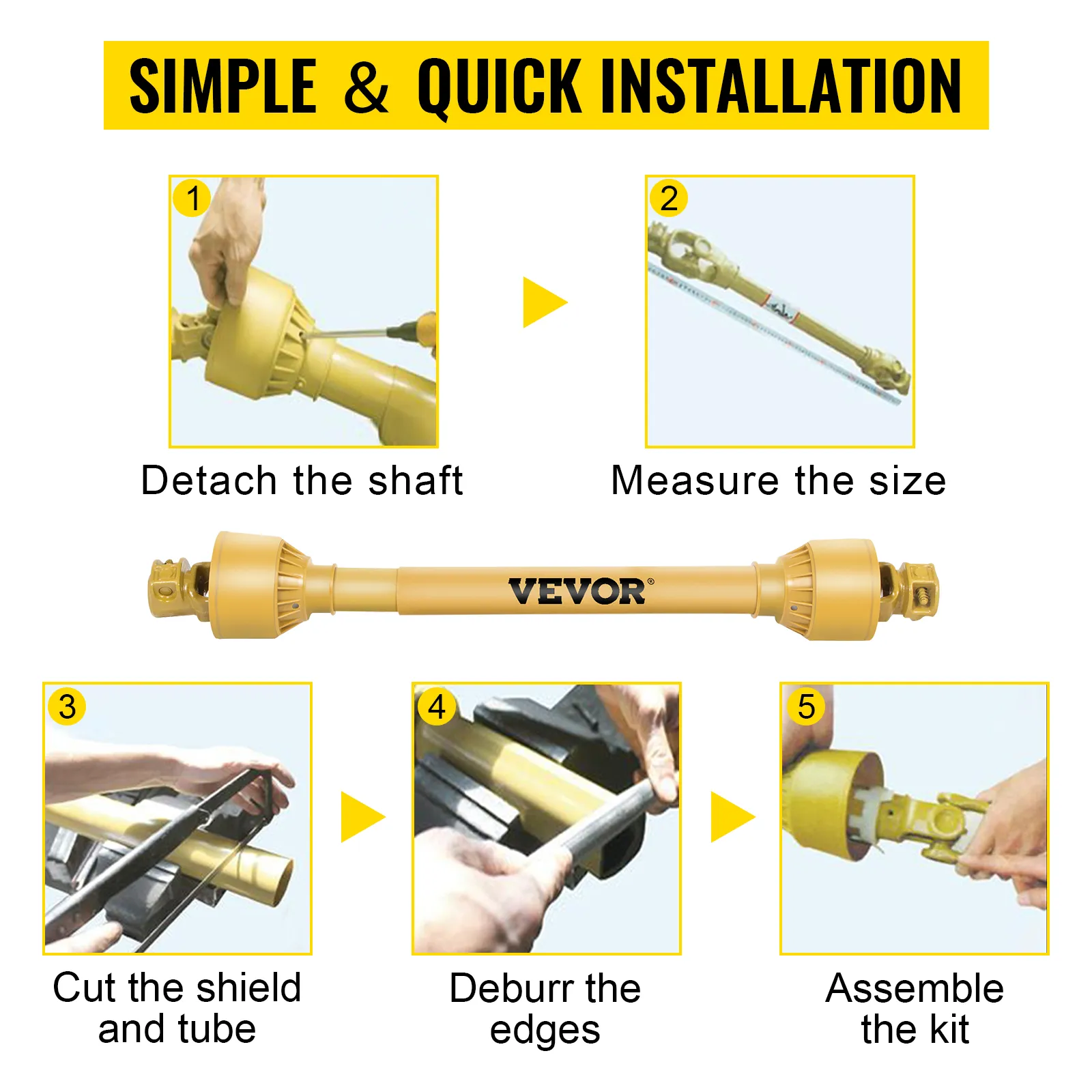 Etapy montażu wałka przekaźnika mocy VEVOR: odłączenie wału, pomiar, przycięcie rury, usunięcie zadziorów z krawędzi, złożenie zestawu.