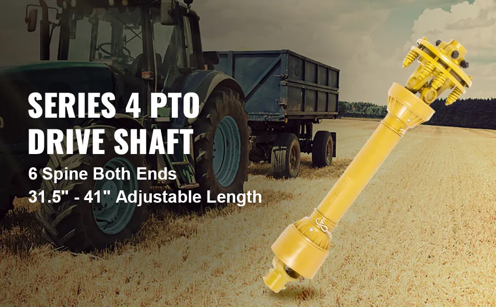 Eje de toma de fuerza VEVOR en un campo, 6 estrías, longitud ajustable de 31,5" a 41", al lado de un tractor.