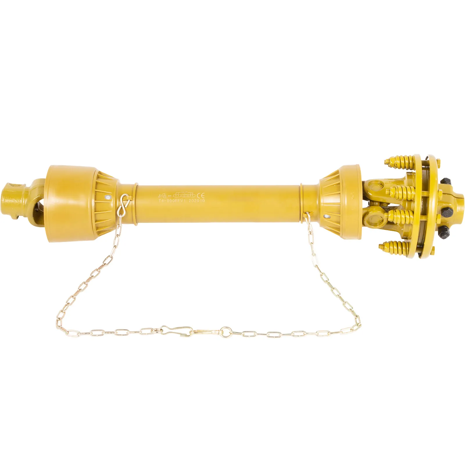 Eje de toma de fuerza VEVOR amarillo con cadena de seguridad y cubierta protectora.