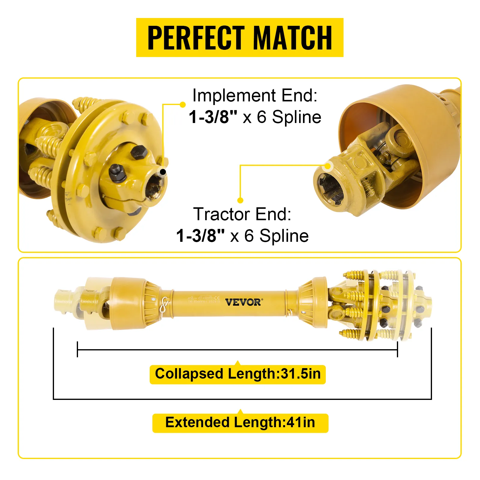 Eje de toma de fuerza VEVOR con extremos estriados de 1-3/8" x 6; colapsado: 31,5 pulgadas, extendido: 41 pulgadas.
