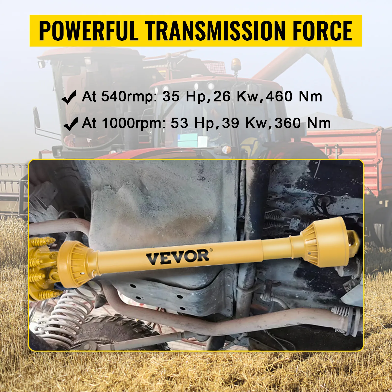 Eje de toma de fuerza VEVOR para tractores con potente fuerza de transmisión y detalles de rendimiento.