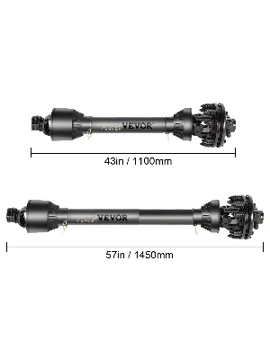 dos ejes de toma de fuerza VEVOR, 43 pulgadas/1100 mm y 57 pulgadas/1450 mm, que muestran longitudes variables.