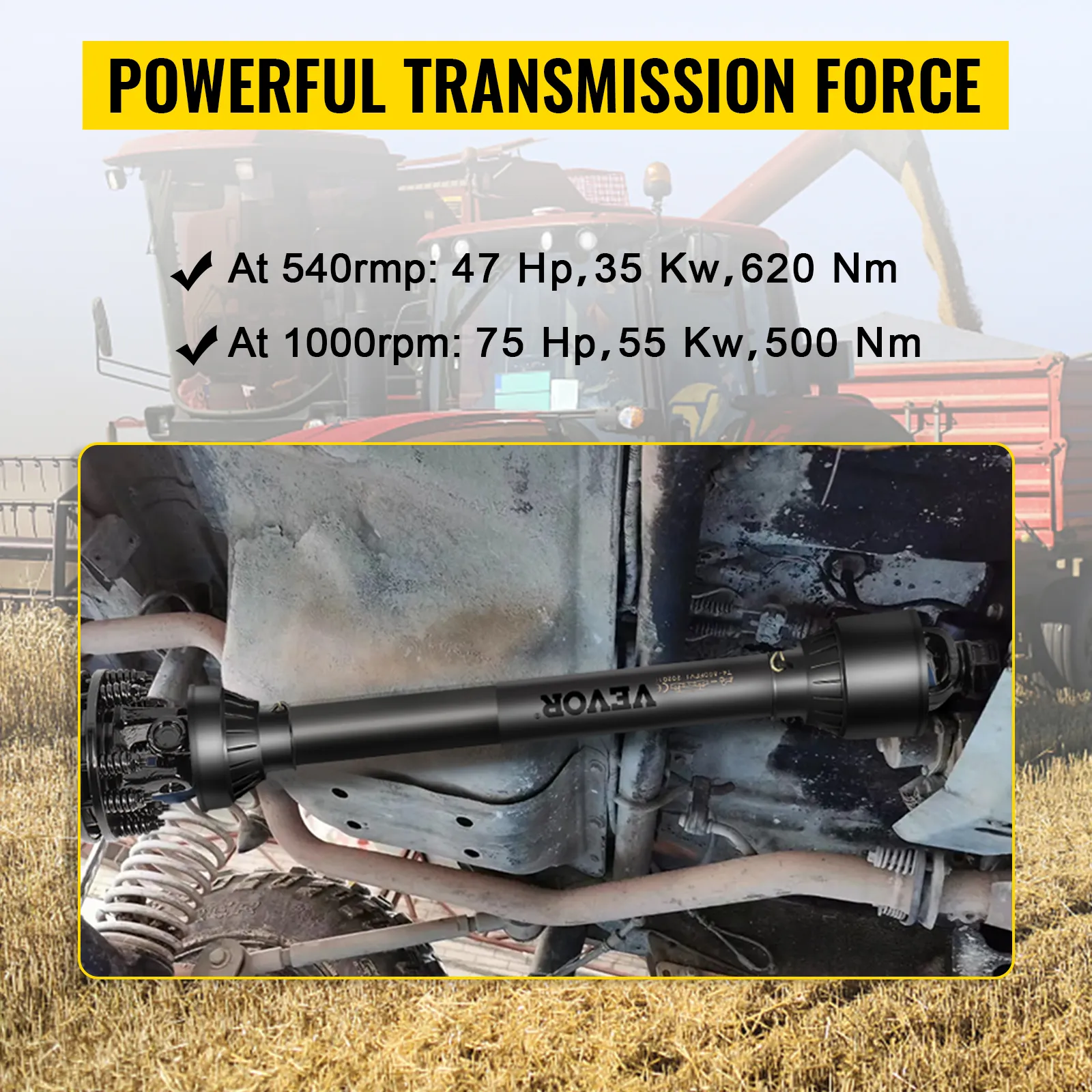 Eje de toma de fuerza VEVOR destacado en tractor con especificaciones de rendimiento a 540 rpm y 1000 rpm.