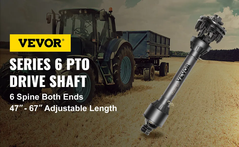 VEVOR pto shaft with 6 spine ends, adjustable length 47"-67", next to tractor in field