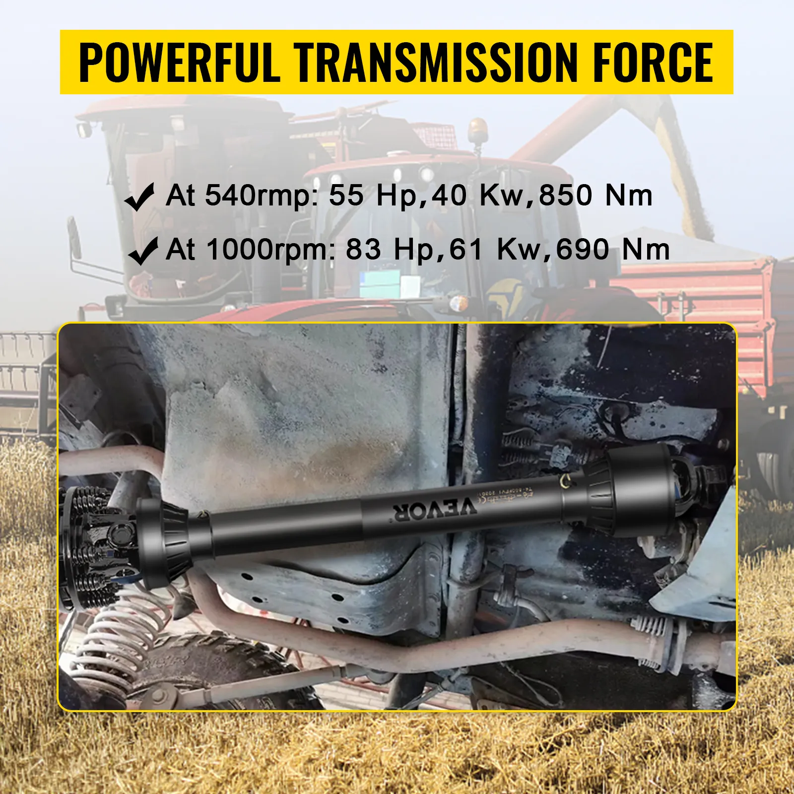 VEVOR pto shaft showcasing power ratings with tractors in the background.