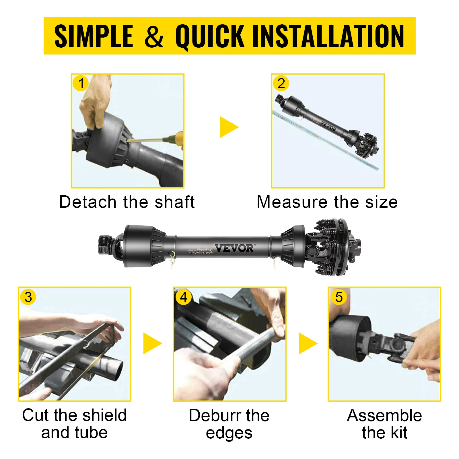 installation steps for VEVOR pto shaft: detach, measure, cut, deburr, assemble.