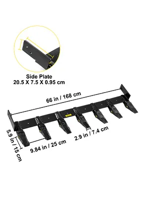 Barra de dientes de cucharón VEVOR con medidas y detalles de la placa lateral.