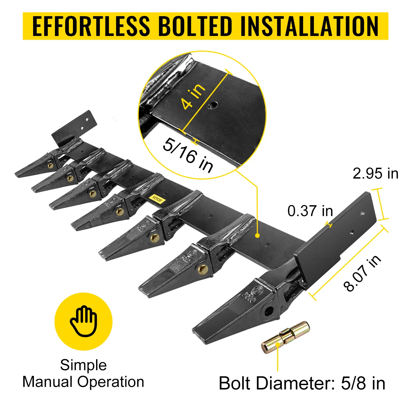 Dimensiones ilustradas de la barra de dientes del cucharón VEVOR con instalación atornillada y operación manual.
