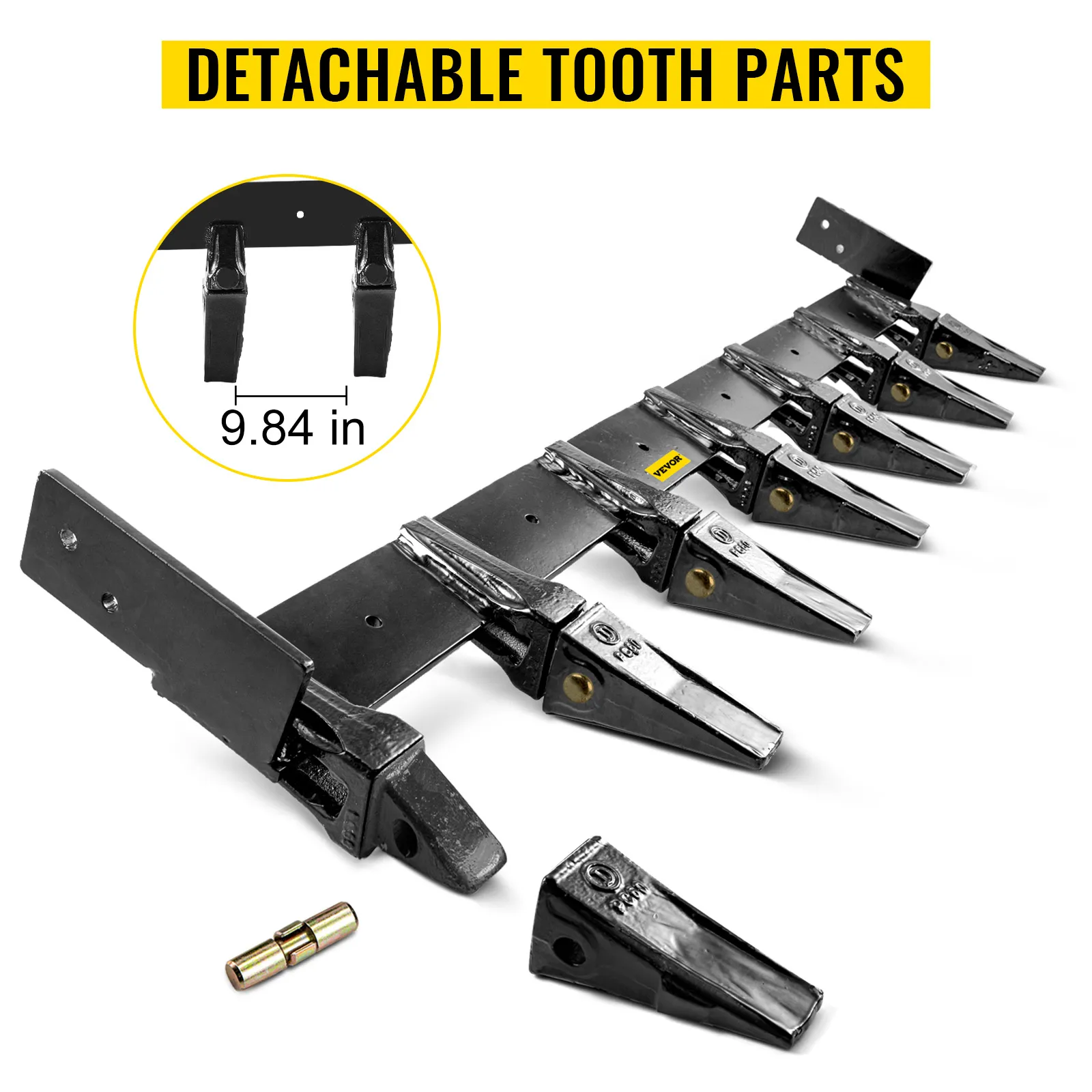 Barra de dientes para cucharón VEVOR con piezas de dientes desmontables y espaciado de 9,84 pulgadas.