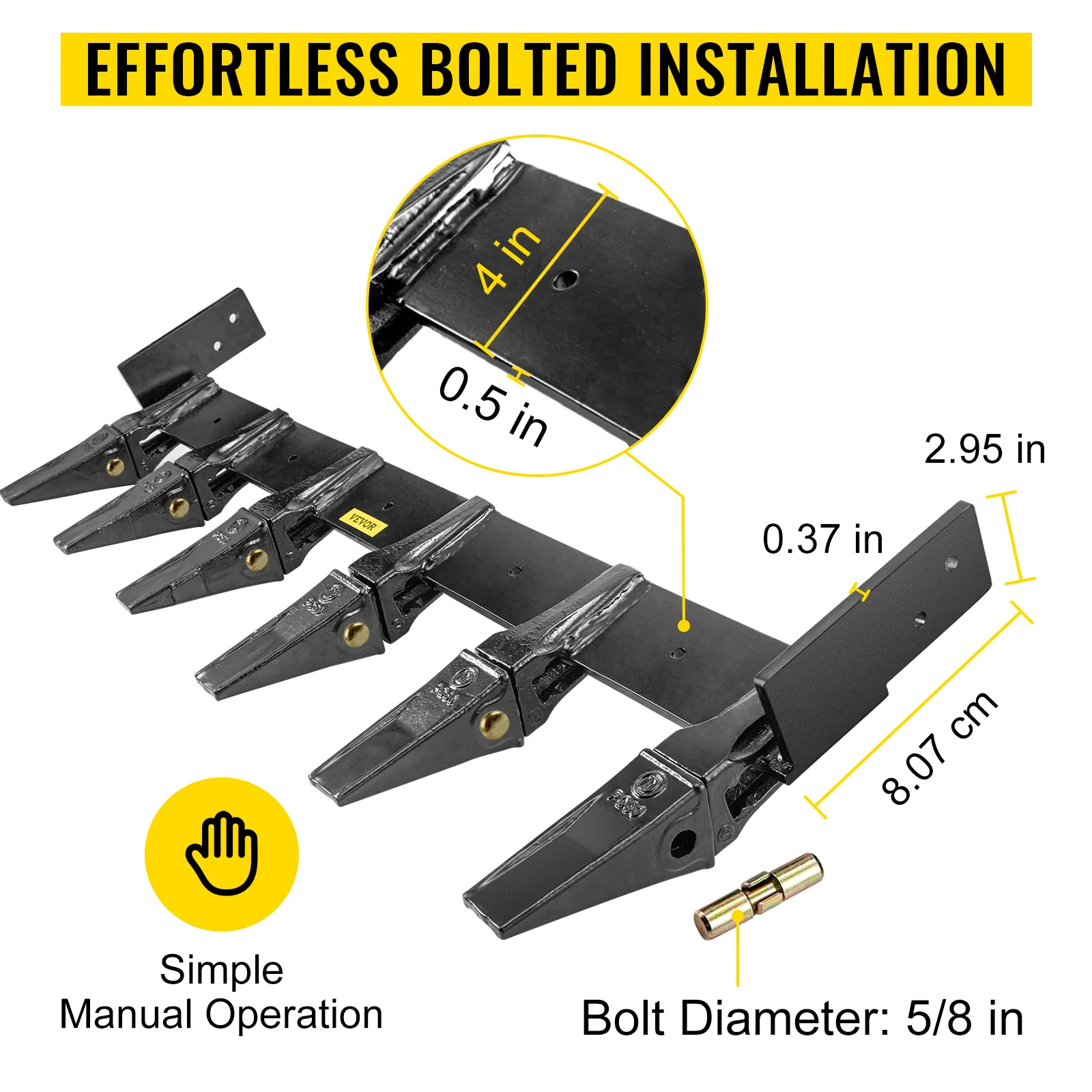 VEVOR bucket tooth bar with bolt dimensions and simple manual operation instructions.