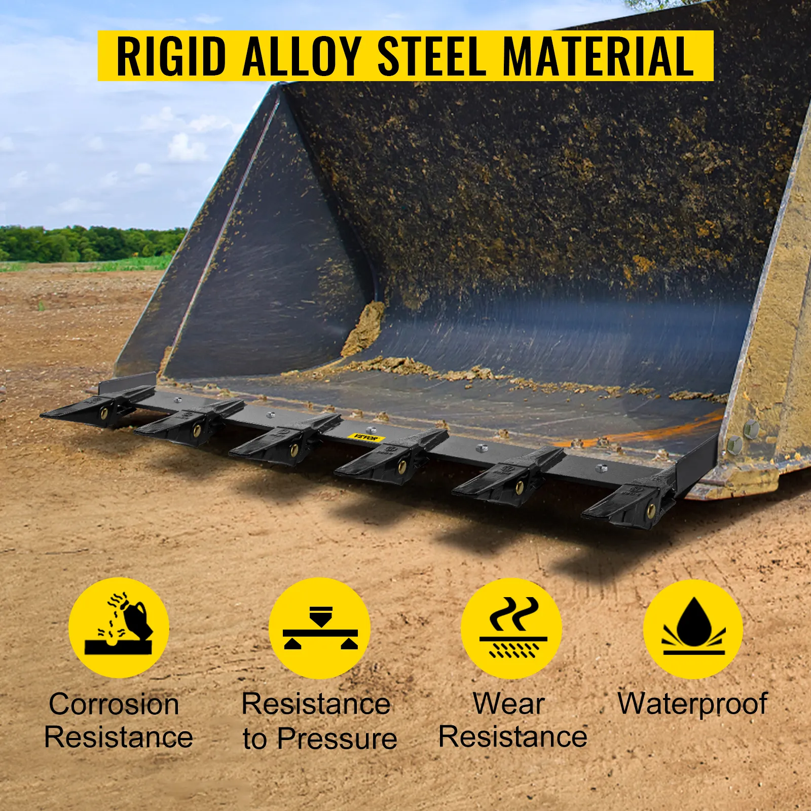 VEVOR bucket tooth bar on a loader showcasing corrosion, pressure, and wear resistance.