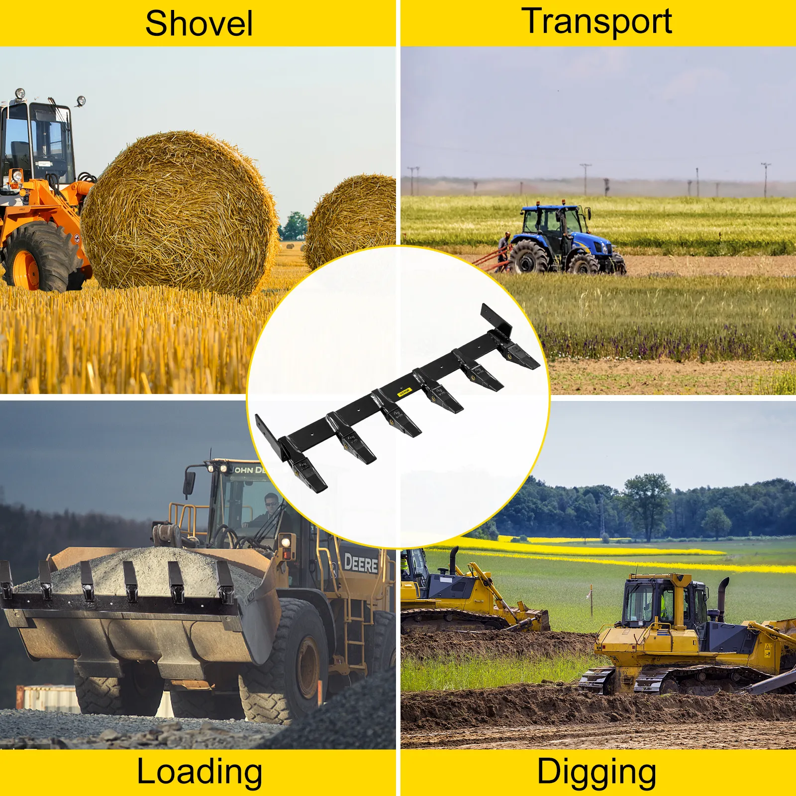 VEVOR bucket tooth bar showcased for shoveling, transporting, loading, and digging tasks.