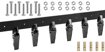 VEVOR bucket tooth bar with bolts, nuts, and teeth attached in a row for excavators.
