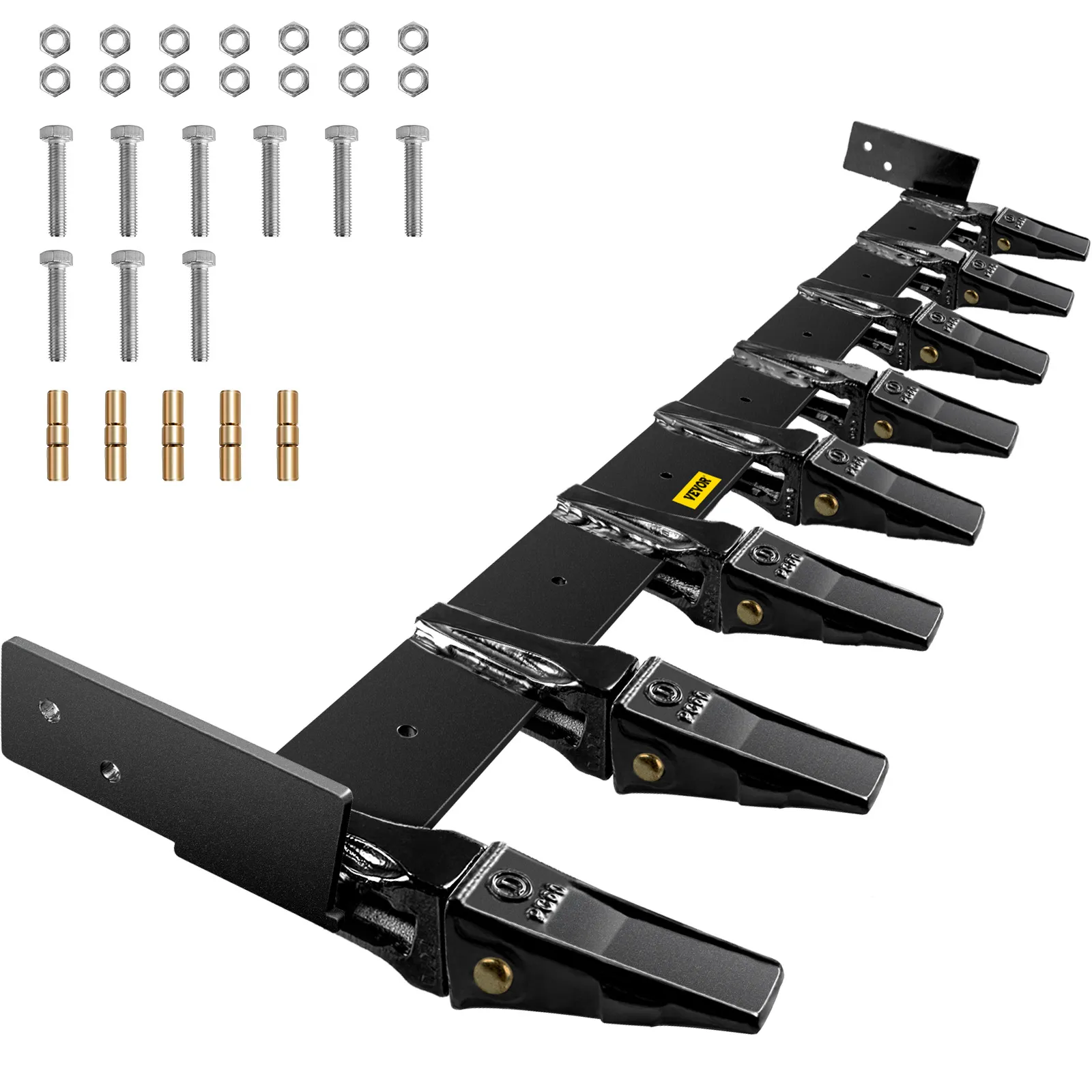 VEVOR bucket tooth bar with bolts, nuts, and mounting hardware laid out.