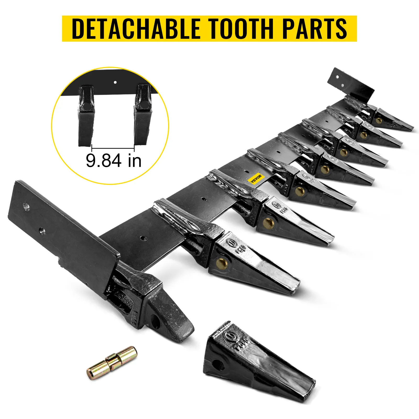 VEVOR bucket tooth bar with detachable tooth parts, 9.84-inch measurement highlighted.