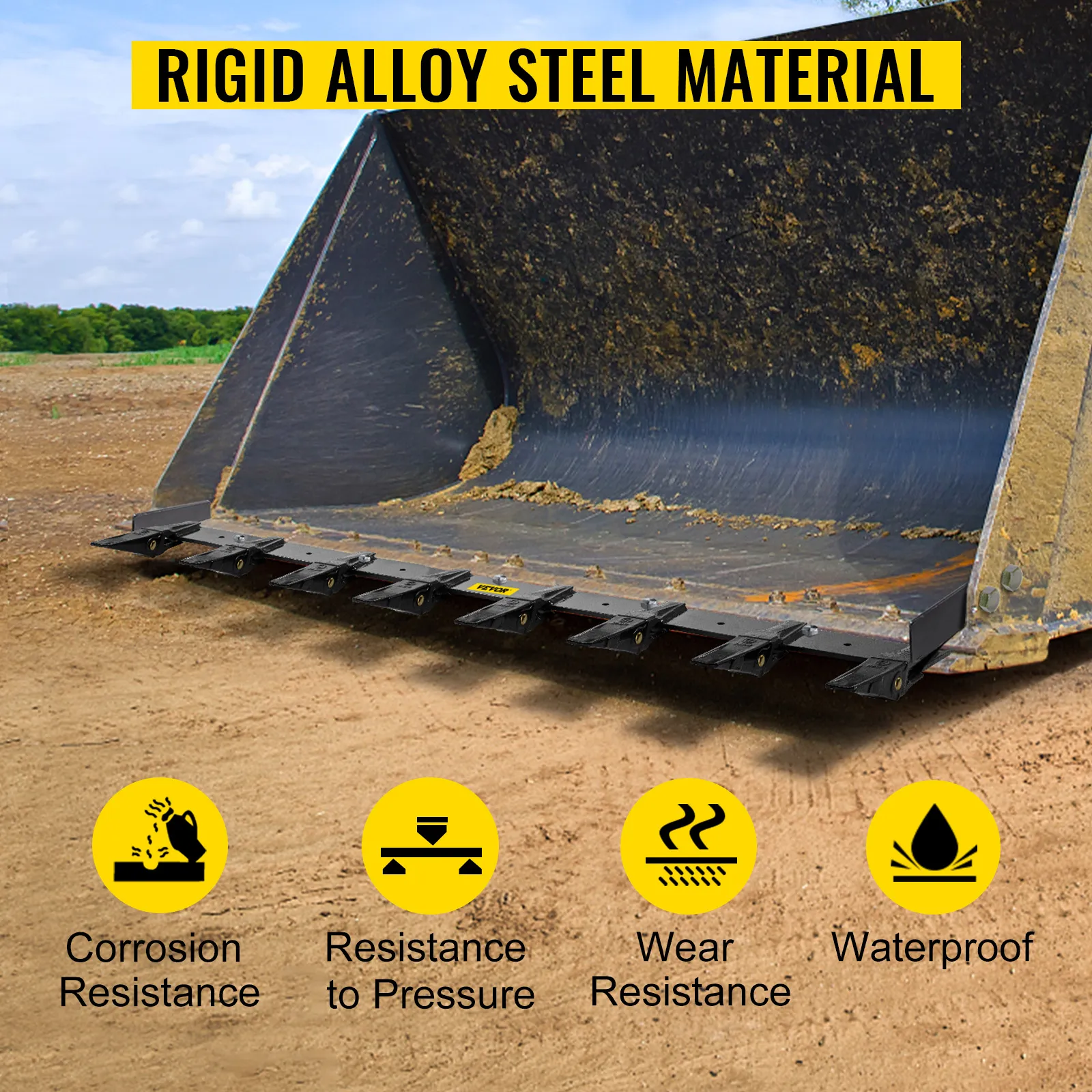VEVOR bucket tooth bar on alloy steel bucket, highlighting durability and resistance.
