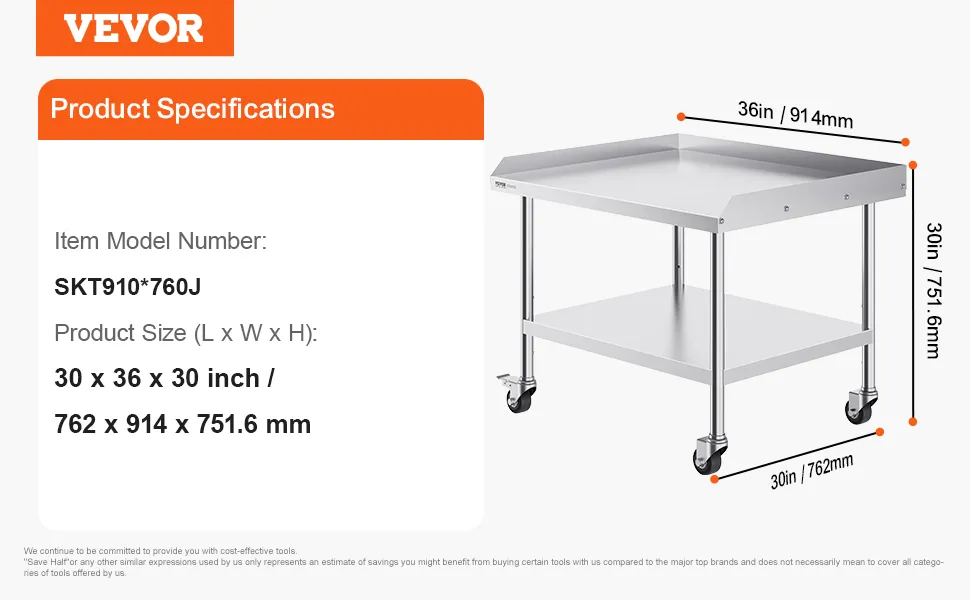 VEVOR stainless steel work table specifications, 30x36x30 inches, 41.78 lbs, model skt910*760j.