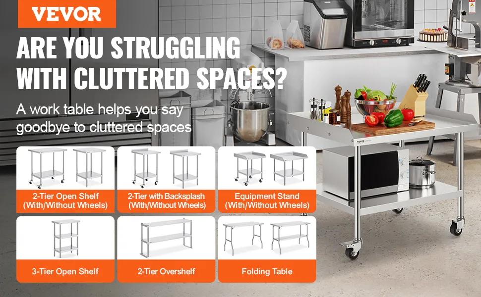 VEVOR stainless steel work table options for organized kitchen spaces with various shelf configurations.
