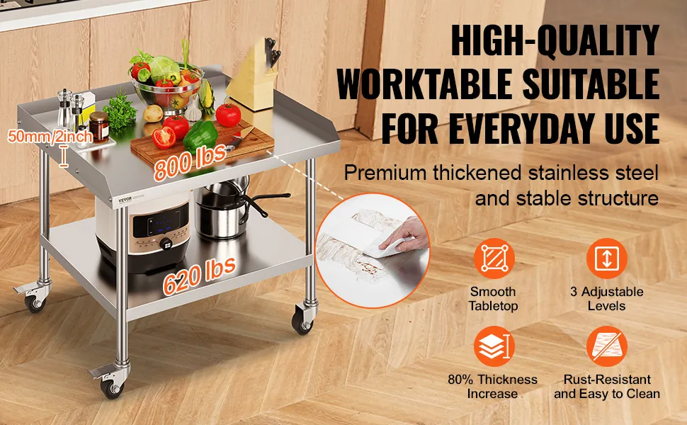 VEVOR stainless steel work table with smooth tabletop, rust-resistant, 3 adjustable levels, 800 lbs capacity.