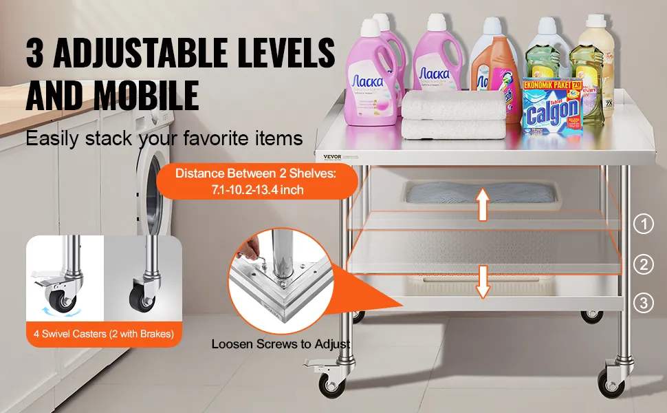 VEVOR stainless steel work table with adjustable levels, swivel casters, and laundry supplies on top.