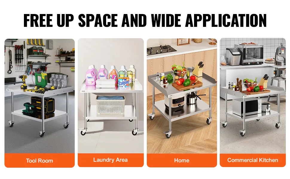 VEVOR stainless steel work table in tool room, laundry area, home kitchen, and commercial kitchen setups.