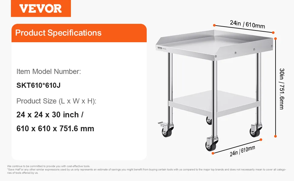 VEVOR stainless steel work table, model skt610*610j, 24x24x30 inch, 27.45 lbs, with casters.