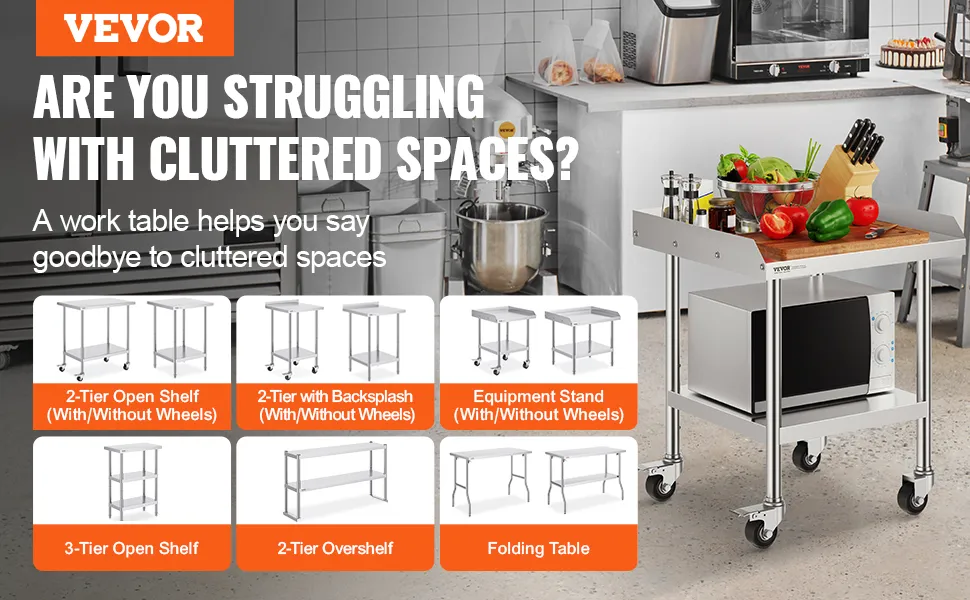 VEVOR stainless steel work table options displayed in a kitchen, promoting clutter-free spaces.