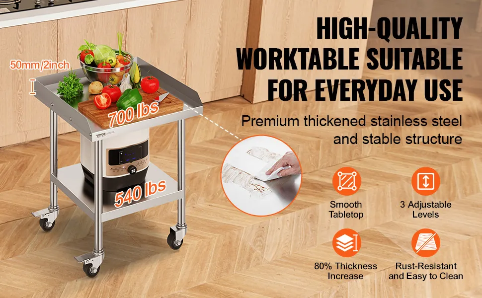 VEVOR stainless steel work table with smooth top, 3 adjustable levels, and 540 lbs lower shelf capacity.