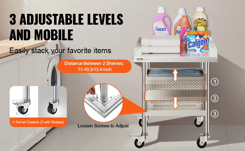 VEVOR stainless steel work table with 3 adjustable shelves, swivel casters, and storage for household items.