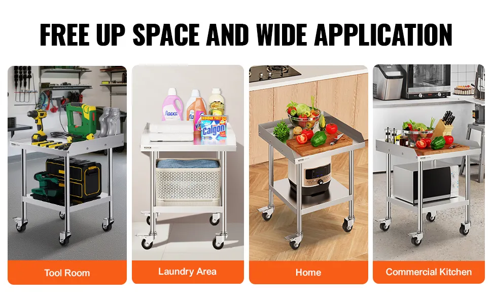 VEVOR stainless steel work table used in tool room, laundry area, home kitchen, and commercial kitchen.