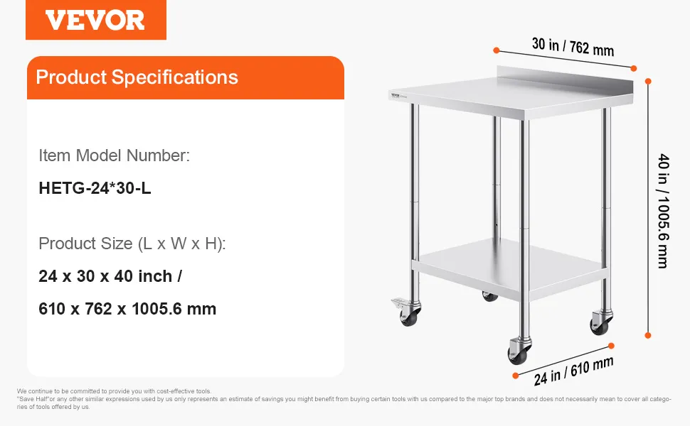 VEVOR stainless steel work table with wheels, model hetg-24*30-l, dimensions 24"x30"x40", weight 32 lbs.