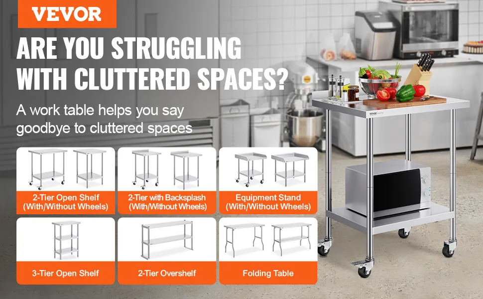 VEVOR stainless steel work table with various models displayed, ideal for decluttering spaces.