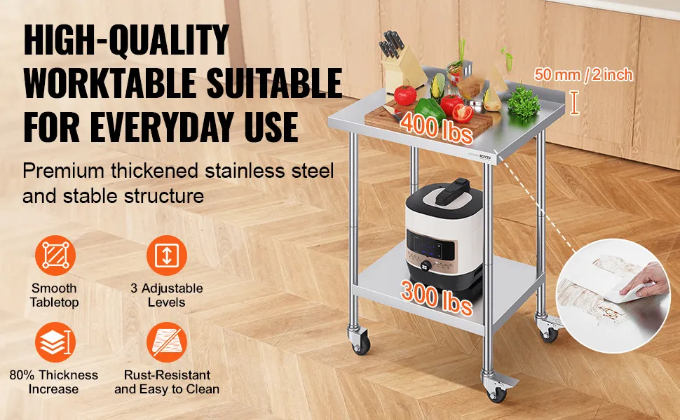 VEVOR stainless steel work table with smooth tabletop, 2 tiers, nsf certified, adjustable levels, and casters.