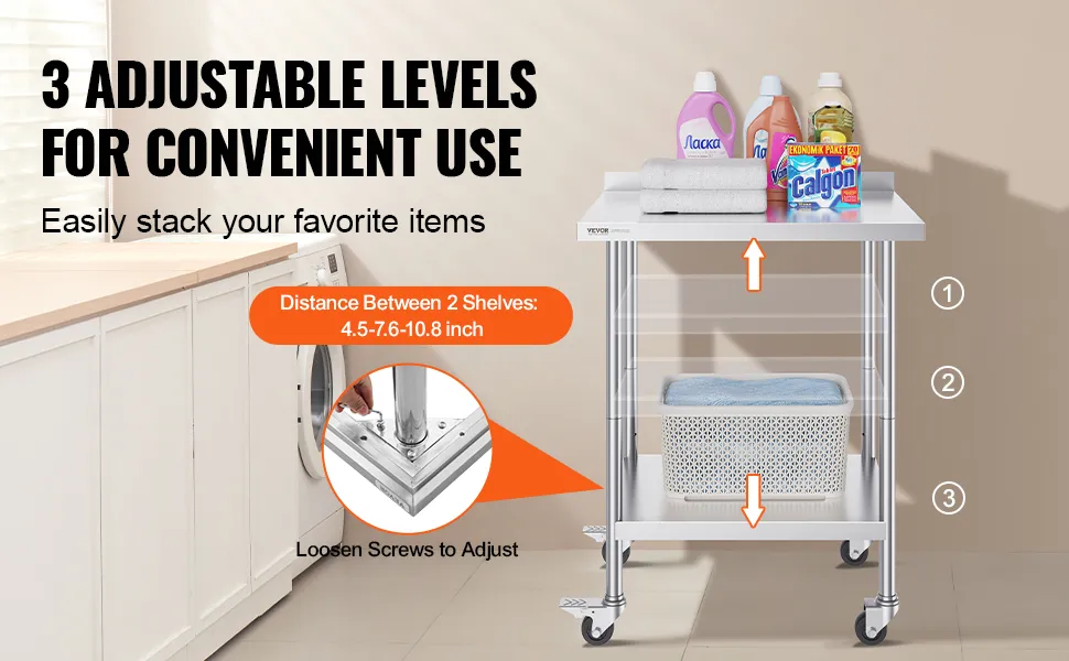 VEVOR stainless steel work table with adjustable shelves holding laundry items in a laundry room.