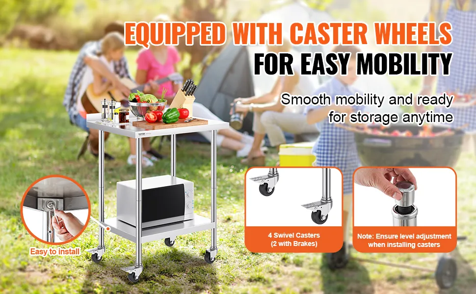 VEVOR stainless steel work table with caster wheels for easy mobility, featuring a microwave on the shelf.