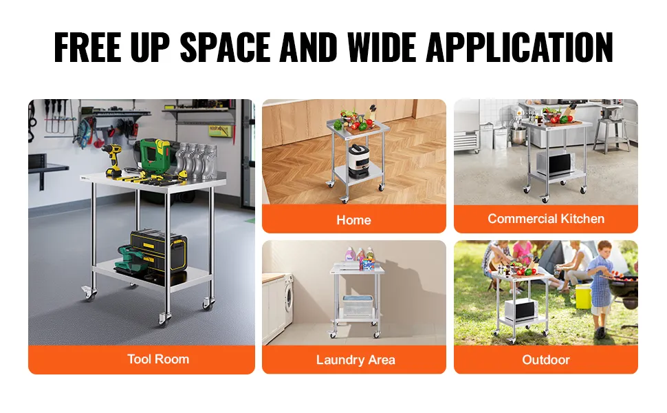 VEVOR stainless steel work table in tool room, home, commercial kitchen, laundry area, and outdoor use